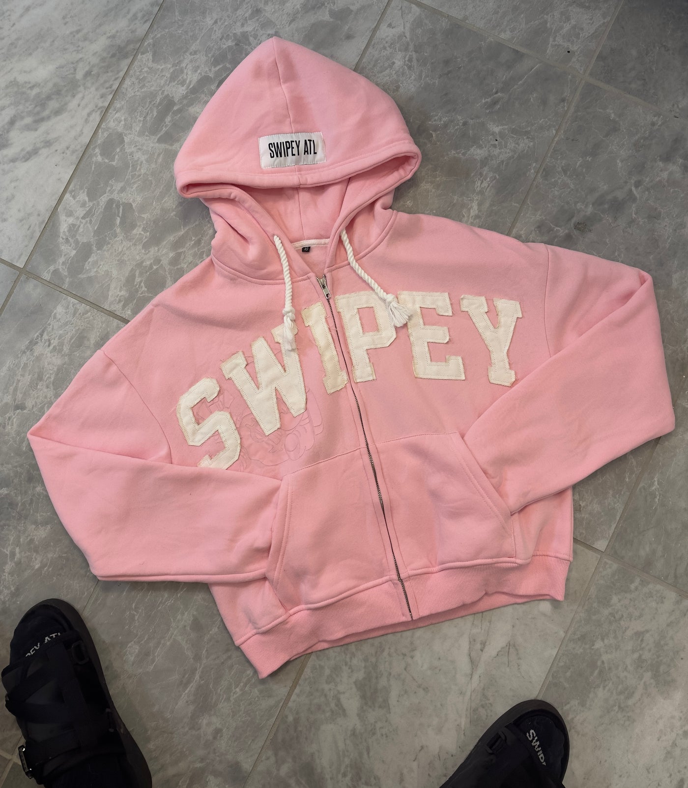 Pink Zip Up Distressed Cropped Hoodie