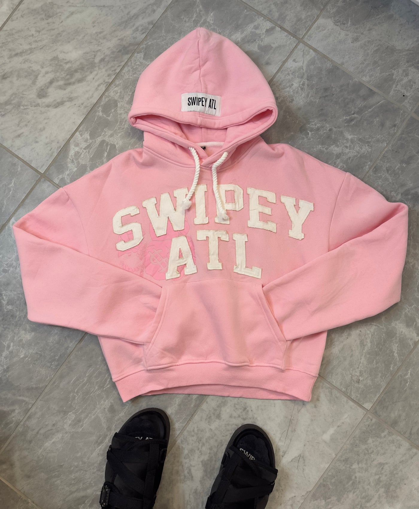 Pink Distressed Cropped Hoodie