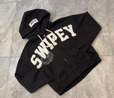 Black Zip Up Distressed Cropped Hoodie