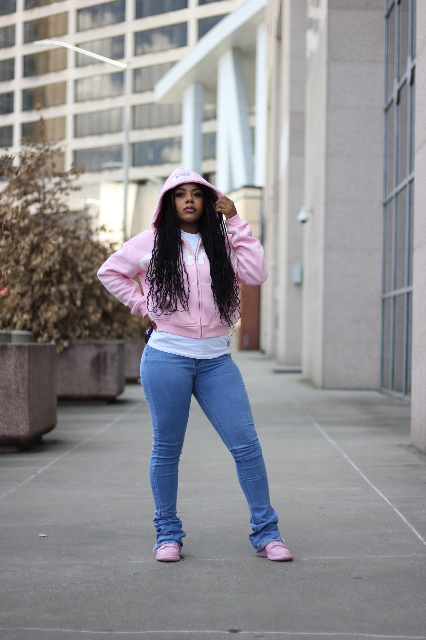 Pink Zip Up Distressed Cropped Hoodie