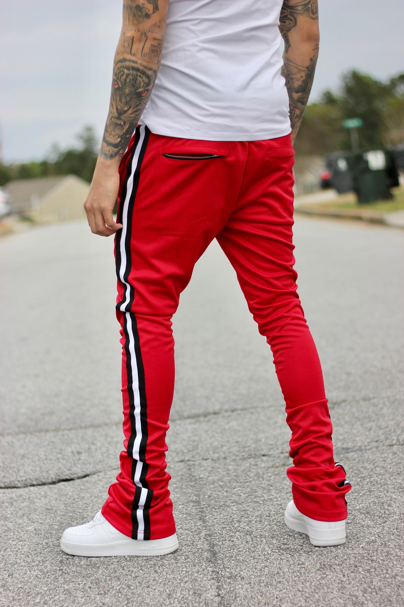 Red Stacked Track Pants