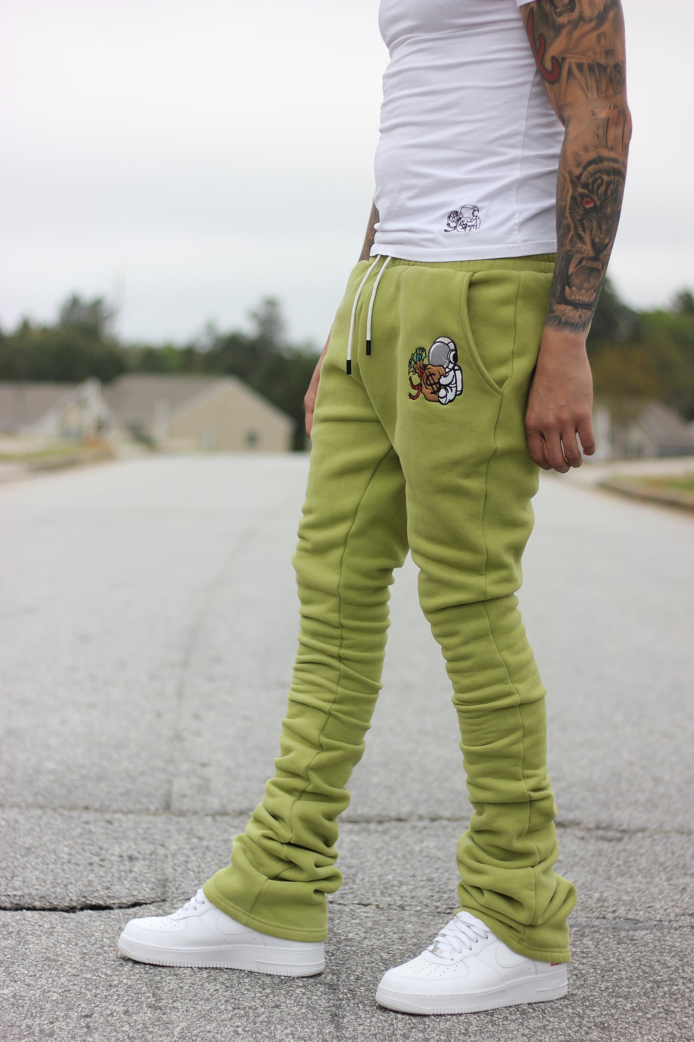 Super Stacked Olive Green Joggers