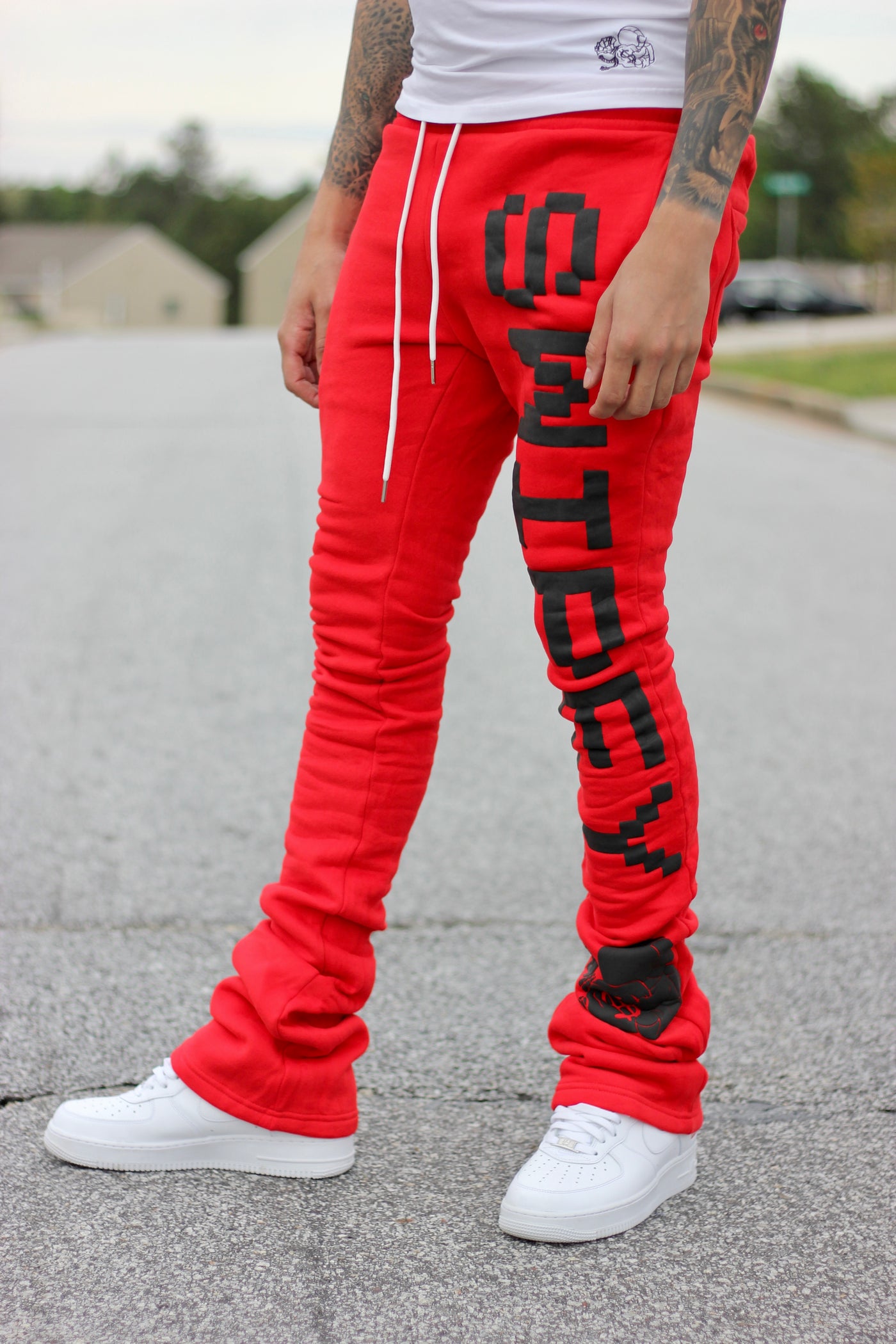 Super Stacked Red Printed Joggers